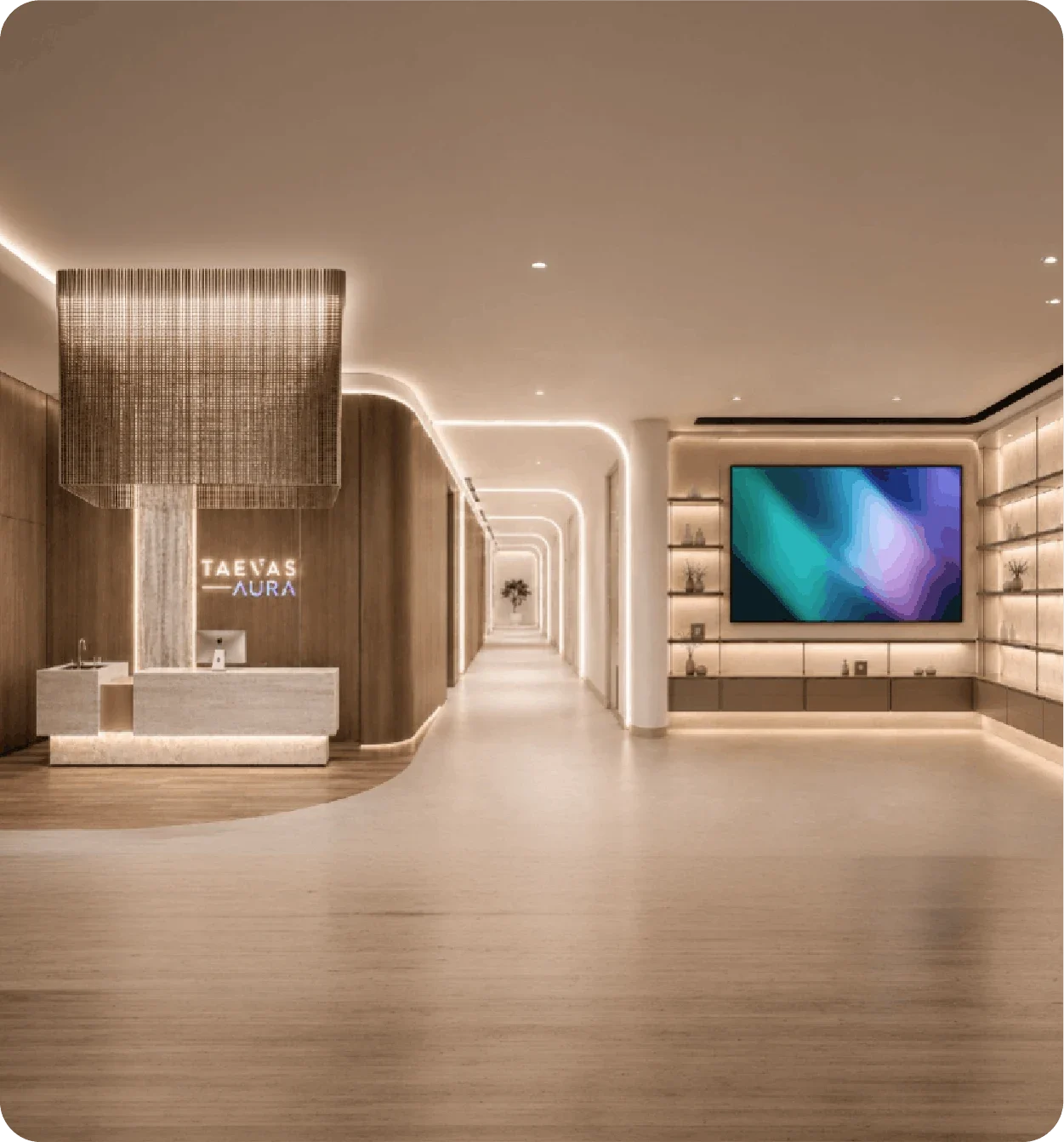 Reception of the Taevas Aura Healthcare Experience Centre, with the Taevas Aura sign above the welcome desk